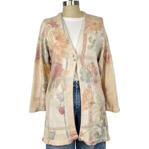 Vintage Gabriella T. Pastel Florals Button Front Cotton Linen Cardigan Sweater M